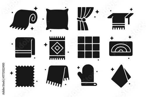 Homey Textiles Icons. Homey Textiles. Solid icons set of Homey Textiles: knitted blanket, cushion, curtain tieback, table runner, bath towel, rug, quilt,