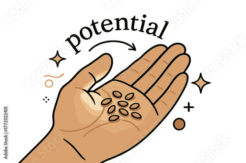 Seeds of Potential. Seeds ? In the Palm. Close-up of fingers holding small seeds under soft light; caption ?potential? whispers along a curved line. Minimal