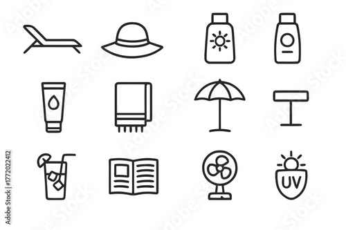 Sunbathing Essentials Icons. Sunbathing. Line icon set of Sunbathing: sun lounger, sun hat, sunglasses, sunscreen, tanning lotion, towel, parasol, side table,