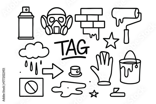 Street Art Icons. Street art. Hand-drawn doodle illustration street art spray can, mask, brick wall, roller, tag symbol, stencil, cap, cloud, arrow, paint