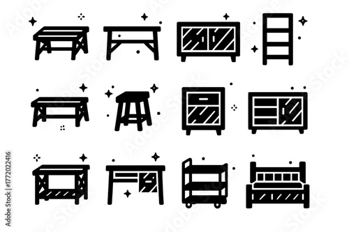 Upcycled Furniture Icons. Upcycled furniture with salvaged wood. Solid icons set of Upcycled furniture with salvaged wood: coffee table, console table,