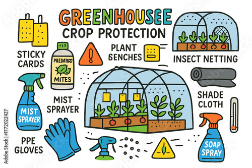 Greenhouse Crop Essentials. Greenhouse crop protection. Colorful Hand-drawn doodle Children illustration Greenhouse crop protection greenhouse frame, sticky