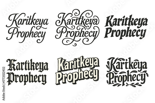 Enchanting Lettering Variations. Karitkeya Prophecy. Set lettering. harmonious lettering variations of the same emblematic concept, each with different