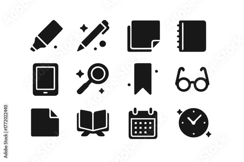 Reading Tools Icons. Reading and Study Tools. Solid icons set of Reading and Study Tools: highlighter, pen, sticky notes, notebook, tablet,