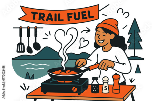 Heartfelt Camp Cooking. Camp kitchen by the water. A stove sizzles as steam curls into heart shapes; ?Trail fuel? banner smiles. Utensils and spices line up