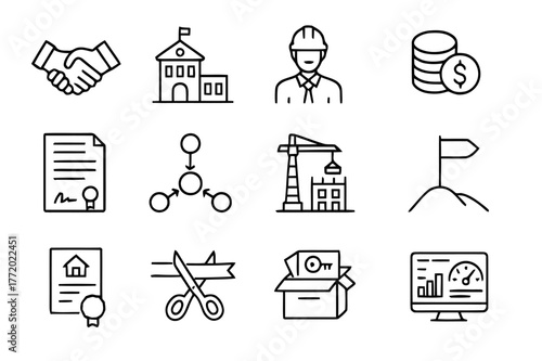 Partnership Housing Icon Set. Public?private partnership housing. Line icon set of public?private partnership housing: handshake, city hall, developer, funding