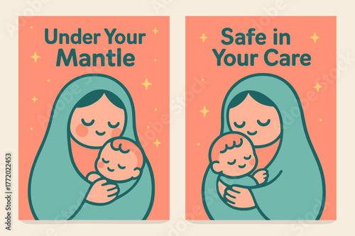 Kawaii Tender Protector Banners. Tender Protector. Two vertical A6 banners with safe margins, centered composition, no elements touching edges, kawaii, coral