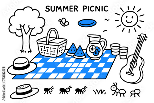 Summer Picnic Doodles. // Summer picnic. Hand-drawn doodle illustration Summer picnic [picnic blanket (accented), picnic basket, watermelon wedges (accented),
