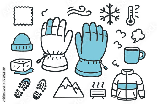 Winter Work Essentials. // Insulated winter work gloves. Hand-drawn doodle illustration insulated winter work gloves [puffy glove pair (accented), fleece