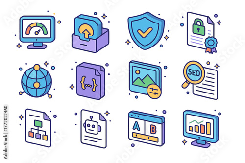 Website Maintenance Icons. Website maintenance and optimization. Colorful isometric vector icons set of website maintenance and optimization: uptime monitor,