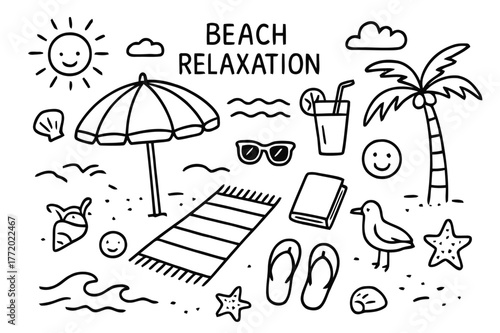 Beach Relaxation Doodles. Beach relaxation. Hand-drawn doodle illustration beach relaxation umbrella, towel, waves, palm tree, sun, seashell, drink,