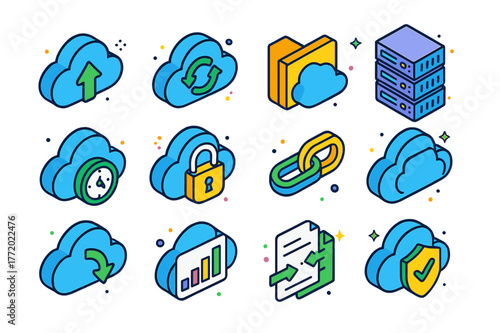 Cloud Storage Icons. Cloud storage systems. Colorful isometric vector icons set of Cloud storage systems: cloud upload arrow, sync icon, data folder, server