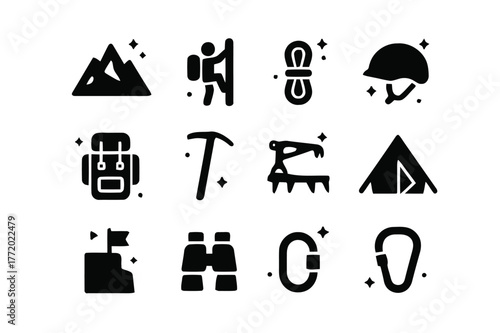 Summit Challenge Icons. Summit Challenge. Solid icons set of Summit Challenge: mountain, climber, rope, helmet, backpack, ice axe, crampons, tent, cliff, flag,