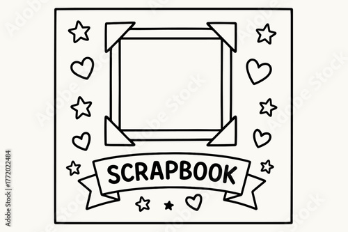 Kids' Scrapbook Coloring Page. Scrapbook page children?s coloring book illustration, outlined drawing, a page with taped photo corners, a ribbon label, and