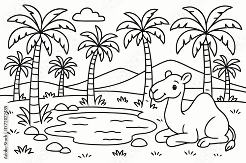 Desert Oasis Coloring. Palm oasis in the desert children?s coloring book illustration, outlined drawing, palm trees surrounding a small pond with a camel
