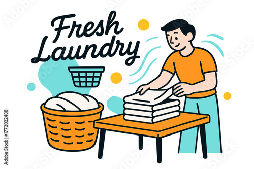Fresh Laundry Art. Folding Station Scene. A person folds crisp towels on a table; soft motion lines show rhythm and calm. ?Fresh Laundry? floats in smooth