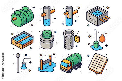 Septic System Icons. Septic systems. Colorful isometric vector icons set of Septic systems: septic tank, inlet baffle, outlet baffle, distribution box, leach