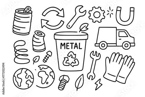 Metal Recycling Doodle. Recycling metal. Hand-drawn doodle illustration recycling metal recycling bin, can, scrap metal, wrench, gear, arrows, magnet, truck,