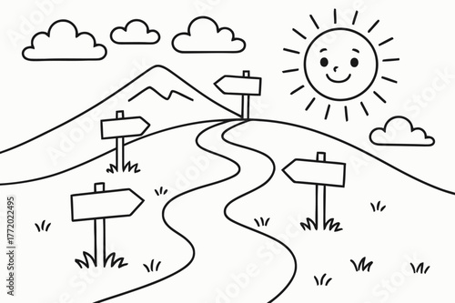Pilgrimage Path Coloring. Pilgrimages and spiritual travel children?s coloring book illustration, outlined drawing, a friendly path winding toward a distant