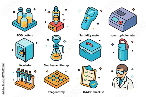 Laboratory Icon Set. Wastewater laboratory testing. Colorful isometric vector icons set of Wastewater laboratory testing: BOD bottles, COD reactor, turbidity