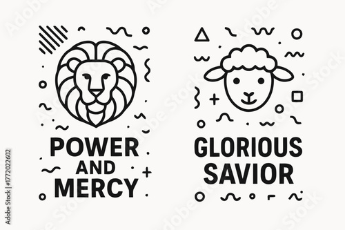 Lion and Lamb Banners. Lion and Lamb. Two vertical A6 banners with safe margins, centered composition, no elements touching edges, memphis, black and white,