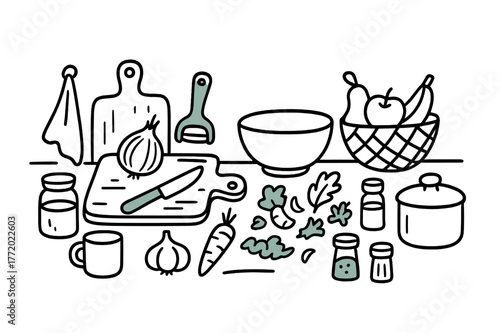 Doodle Kitchen Essentials. // Kitchen counter. Hand-drawn doodle illustration kitchen counter [cutting board (accented), peeler (accented), knife, onion