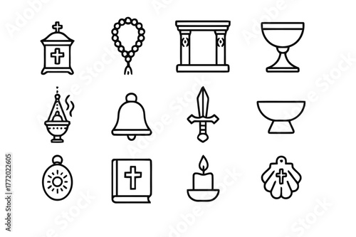 Ritual Icons Collection. Ritual and religious relics. Line icon set of ritual and religious relics: reliquary, prayer bead, altar fragment, chalice, incense