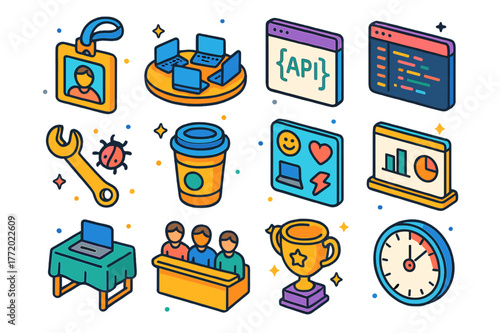 Hackathon Icon Set. Student hackathon. Colorful isometric vector icons set of Student hackathon: registration badge, team laptop circle, API docs window, code