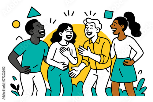 Floating Laughter Forms. Laughing in a Group. People outdoors laughing and joking together with floating abstract geometric shapes, happy and