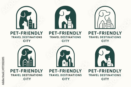 Pet-Friendly Travel Logos. Pet-friendly travel destinations. Set Logo of Pet-friendly travel destinations: City. harmonious logo variations of the same