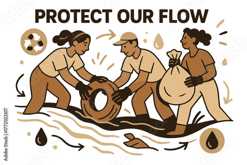 River Cleanup Volunteers. River Ecosystem ? River Cleanup. Volunteers lift debris with gloved hands; floating icons of recycling and water drops circle around.