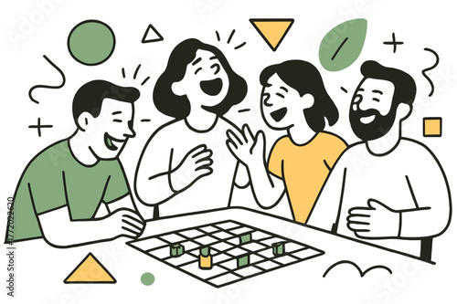 Joyful Game Night. Laughing in a Group. Friends playing board games and laughing with floating abstract geometric shapes, happy and lively indoor scene. Modern