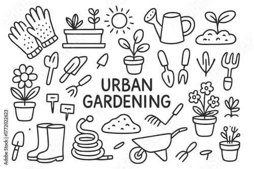 Urban Gardening Doodles. Urban Gardening. Hand-drawn doodle illustration Urban Gardening balcony plants, pots, watering can, gloves, trowel, shovel, seedlings,