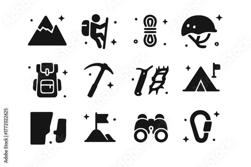 Summit Challenge Icons. Summit Challenge. Solid icons set of Summit Challenge: mountain, climber, rope, helmet, backpack, ice axe, crampons, tent, cliff, flag,