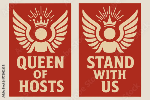 Heavenly Banners Display. Heavenly Host. Two vertical A6 banners with safe margins, centered composition, no elements touching edges, bold, red and beige,