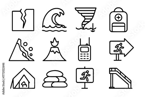 Natural Disaster Icons. Natural Disaster Response. Line icon set of Natural Disaster Response: earthquake crack, tsunami wave, tornado funnel, flood level