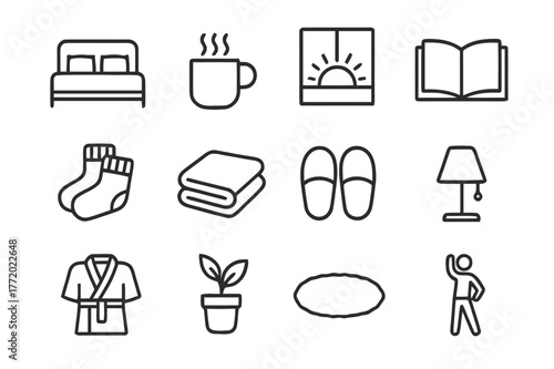 Morning Comfort Icons. Morning Comfort. Line icon set of Morning Comfort: bed with pillows, steaming mug, sunrise window, open book, warm socks, blanket,