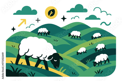 Serene Pastoral Icons. Rolling hills. Herd of sheep grazing on rolling hills with abstract floating icons, clouds, and sparkles; conveys pastoral life, nature,