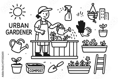 Urban Gardening Essentials. Urban gardener. Hand-drawn doodle illustration urban gardener balcony plants, watering can, gloves, spray bottle, pot, shovel,