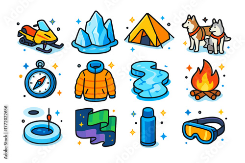 Arctic Icons Collection. Arctic adventure. Colorful isometric vector icons set of arctic adventure: snowmobile, icebergs, polar tent, sled dogs, compass, warm