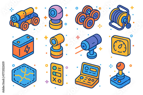 Pipeline Robot Icons. Pipeline inspection robots. Colorful isometric vector icons set of Pipeline inspection robots: CCTV crawler robot, pan-tilt camera head,