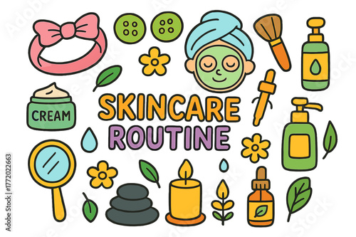 Playful Skincare Doodles. skincare routine. Colorful Hand-drawn doodle Children illustration skincare routine face mask, cucumber slices, headband, towel,