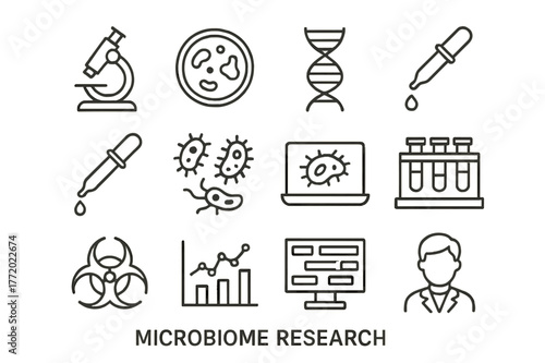 Microbiome Research Icons. Microbiome research. Line icon set of microbiome research: microscope, petri dish, lab flask, dna helix, pipette, bacteria, laptop,