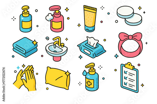 Skincare Icon Set. Skincare hygiene. Colorful isometric vector icons set of Skincare hygiene: face cleanser bottle, foaming soap, gentle exfoliating scrub,