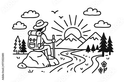 Solo Hiker at Sunset. Solo Hiking Sunset. Hand-drawn doodle illustration Solo Hiking Sunset person on rock, sunset, mountains, clouds, river, trees, backpack,