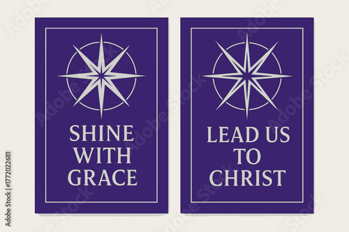 Geometric Morning Banners. Morning Star. Two vertical A6 banners with safe margins, centered composition, no elements touching edges, geometric, royal purple