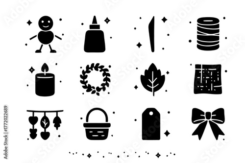 Chestnut Crafts Icons. Chestnut Crafts and Decor. Solid icons set of Chestnut Crafts and Decor: chestnut figure, glue bottle, toothpick, string, candle jar,