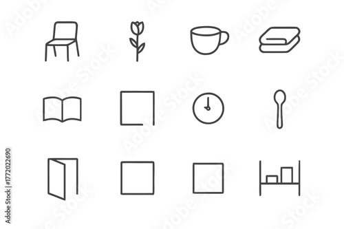 Minimalist Icon Set. Minimalist Moments. Line icon set of Minimalist Moments: empty chair, single flower, ceramic cup, folded towel, open book, plain wall,