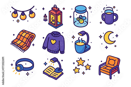 Evening Garden Icons. Evening garden reading. Colorful isometric vector icons set of Evening garden reading: string lights, candle lantern, firefly jar, warm