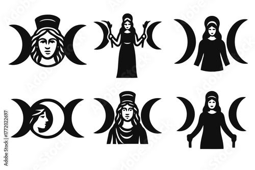 Mystical Deity Logos. Ancient gods and goddesses in a mystical landscape. Set Logo of Ancient gods and goddesses in a mystical landscape: Hecate triple moon.